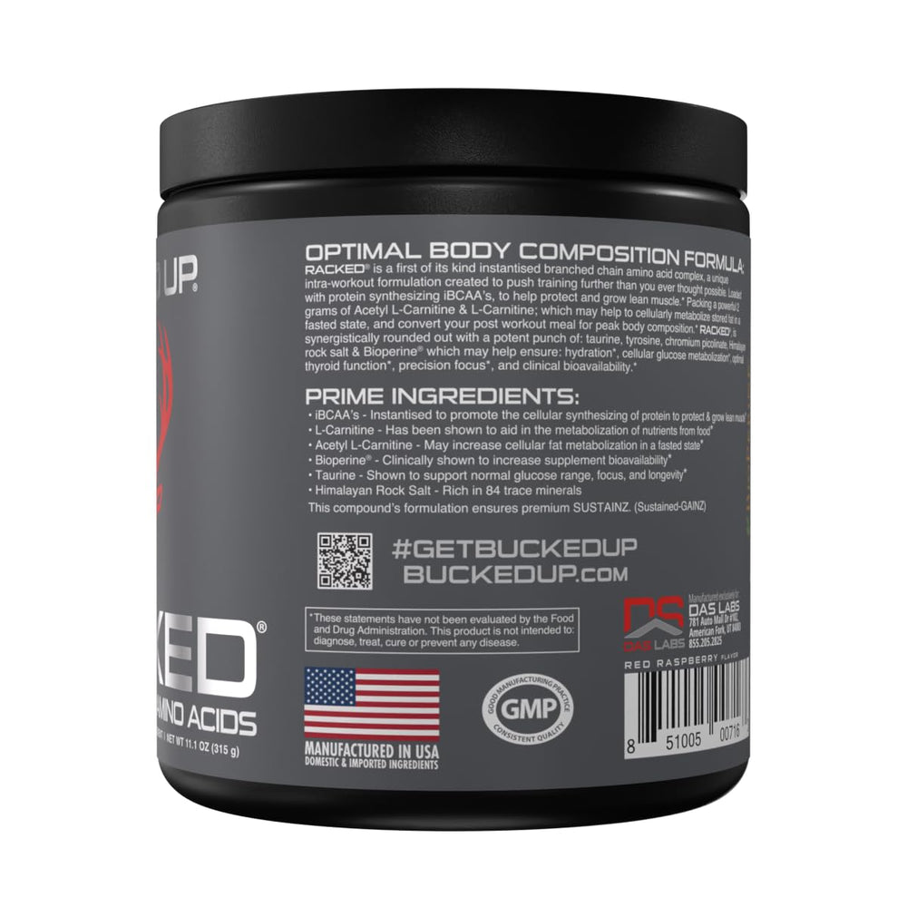 Bucked Up BCAA RACKED flavor packaging designed for enjoyable dosing.