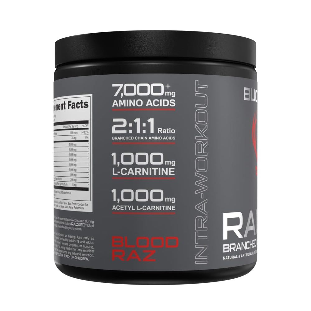 Bucked Up BCAA RACKED ingredients panel, plant-sourced formula emphasis.