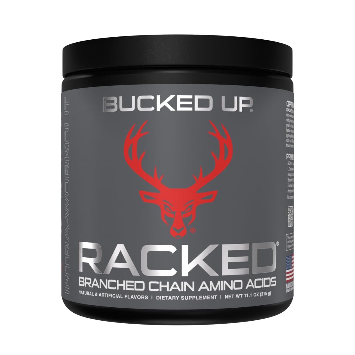 Bucked Up BCAA RACKED powder jar with label, signaling lean muscle support.