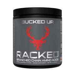 Bucked Up BCAA RACKED powder jar with label, signaling lean muscle support.