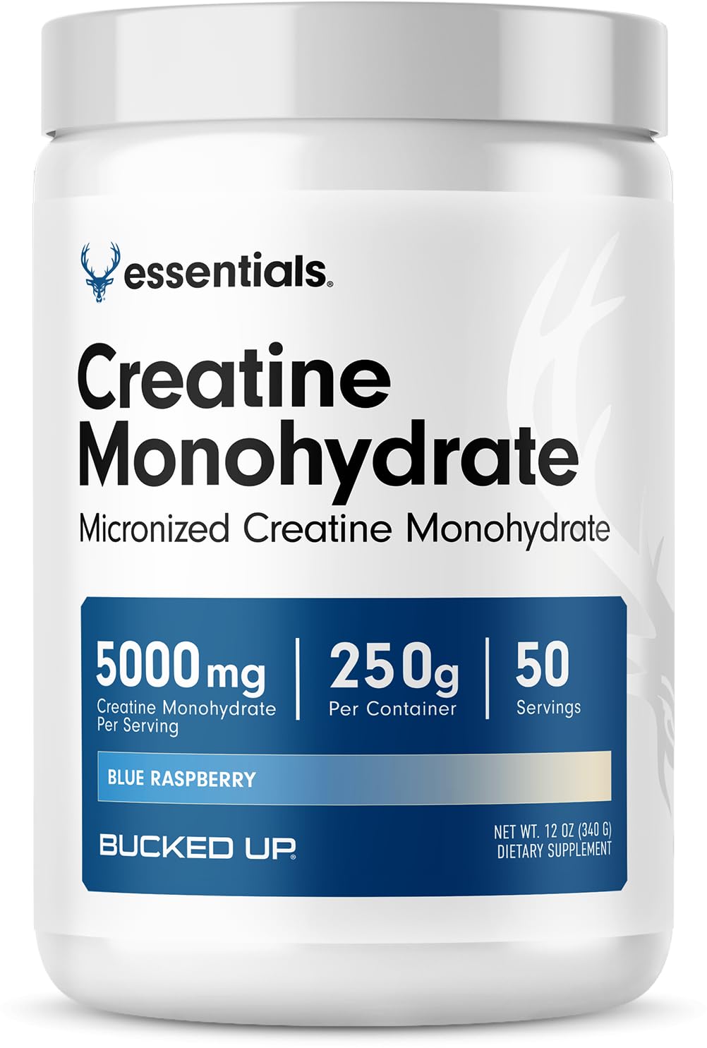 Bucked Up blue raspberry creatine bottle showing flavorful, easy-to-mix supplement for workouts.