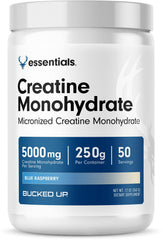 Bucked Up blue raspberry creatine bottle showing flavorful, easy-to-mix supplement for workouts.
