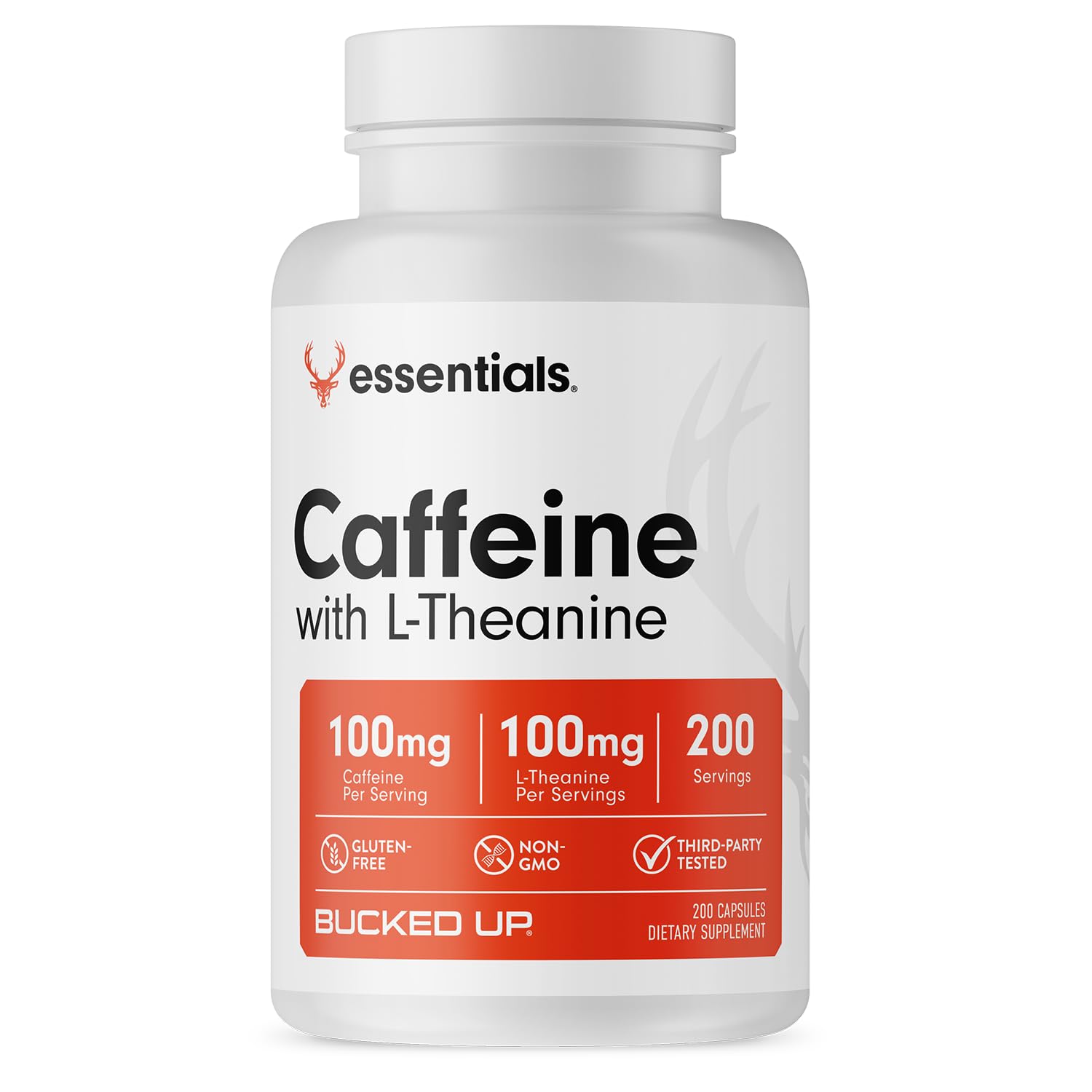 Bucked Up Caffeine with L-Theanine bottle showing balanced 1:1 dose for steady energy.