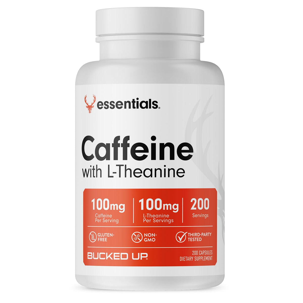 Bucked Up Caffeine with L-Theanine bottle showing balanced 1:1 dose for steady energy.