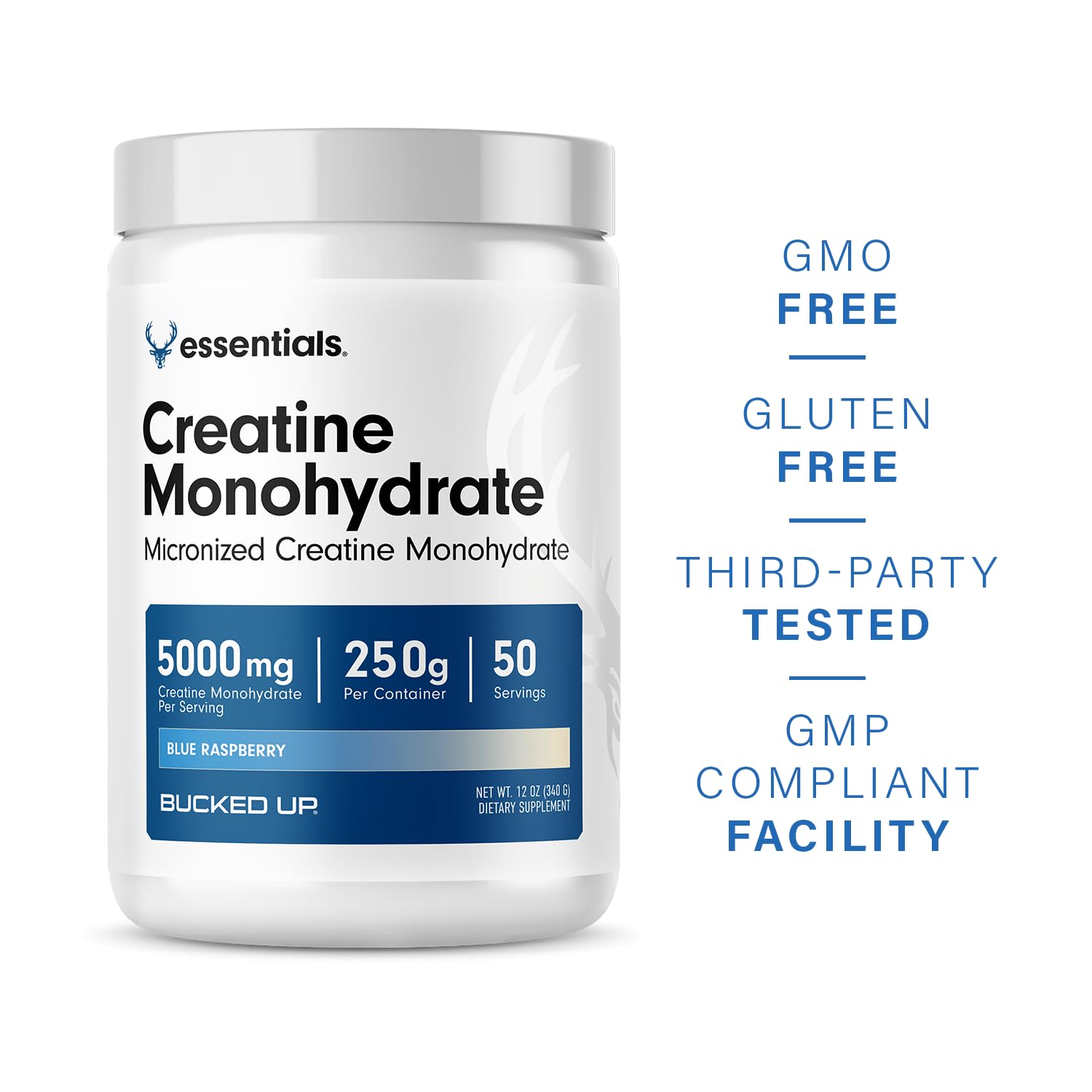 Bucked Up creatine powder in glass shows simple, dissolvable texture for smooth shakes.