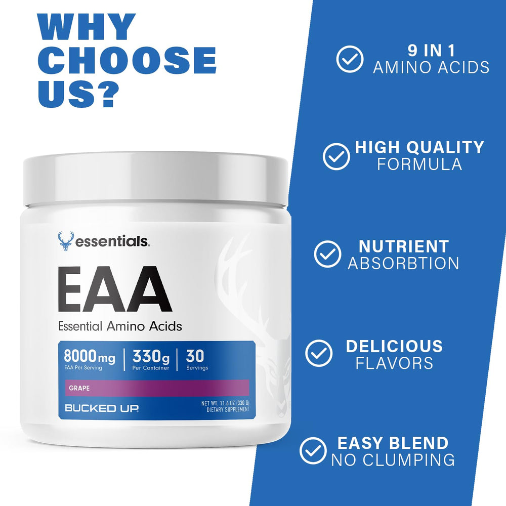 Close-up of Bucked Up EAAs ingredients label showing full essential amino acid blend.