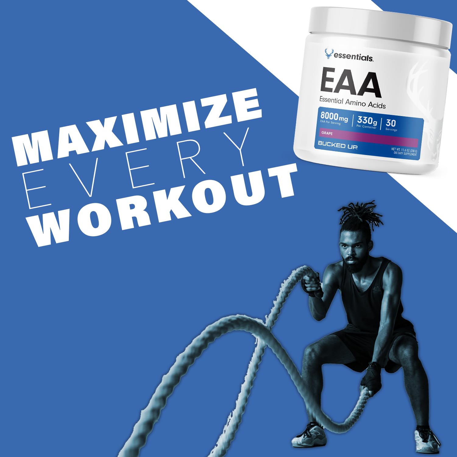 Glass with Bucked Up EAAs powder mixed in water during workout.