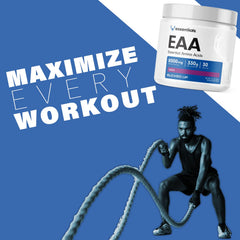 Glass with Bucked Up EAAs powder mixed in water during workout.