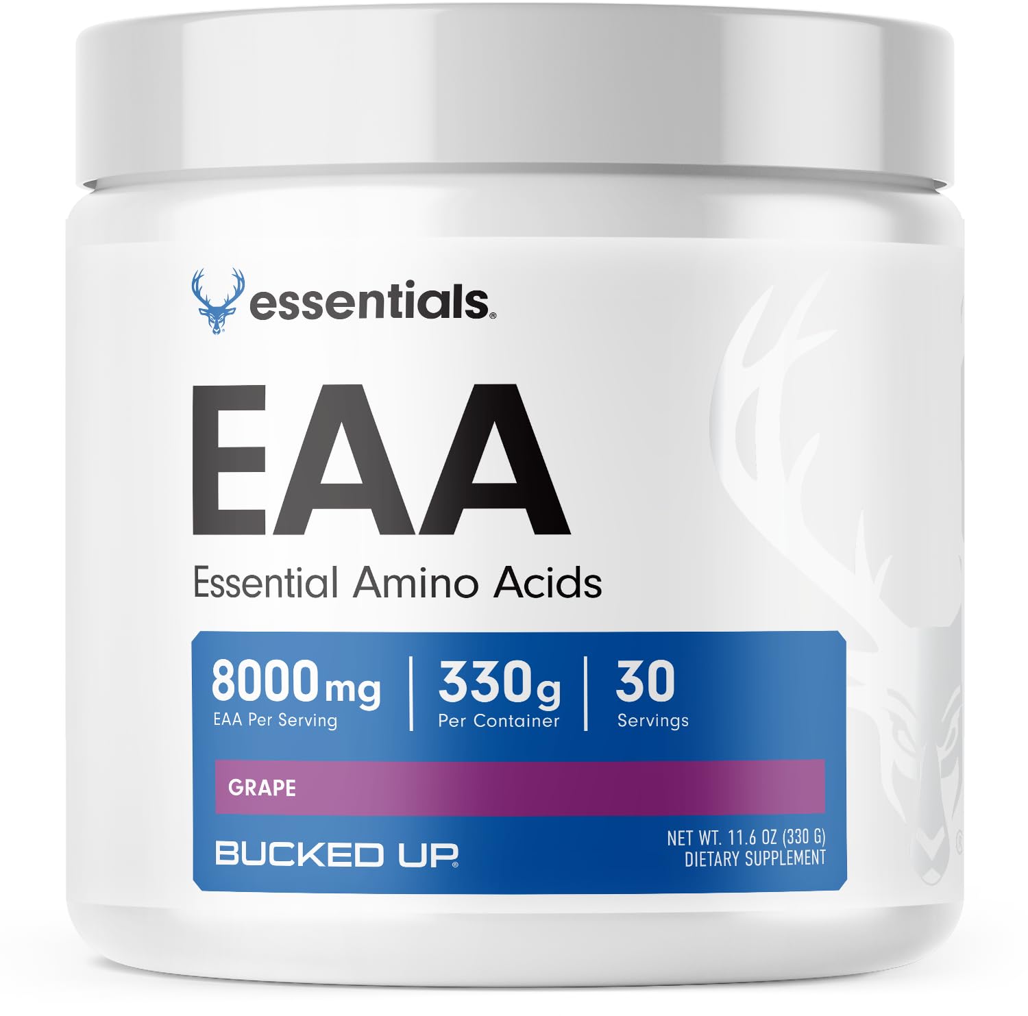 Bucked Up Essential Amino Acids bottle with grape flavor for pre-workout support.