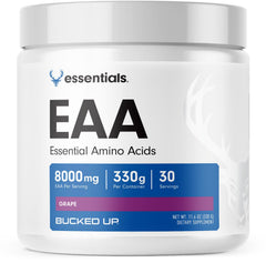 Bucked Up Essential Amino Acids bottle with grape flavor for pre-workout support.