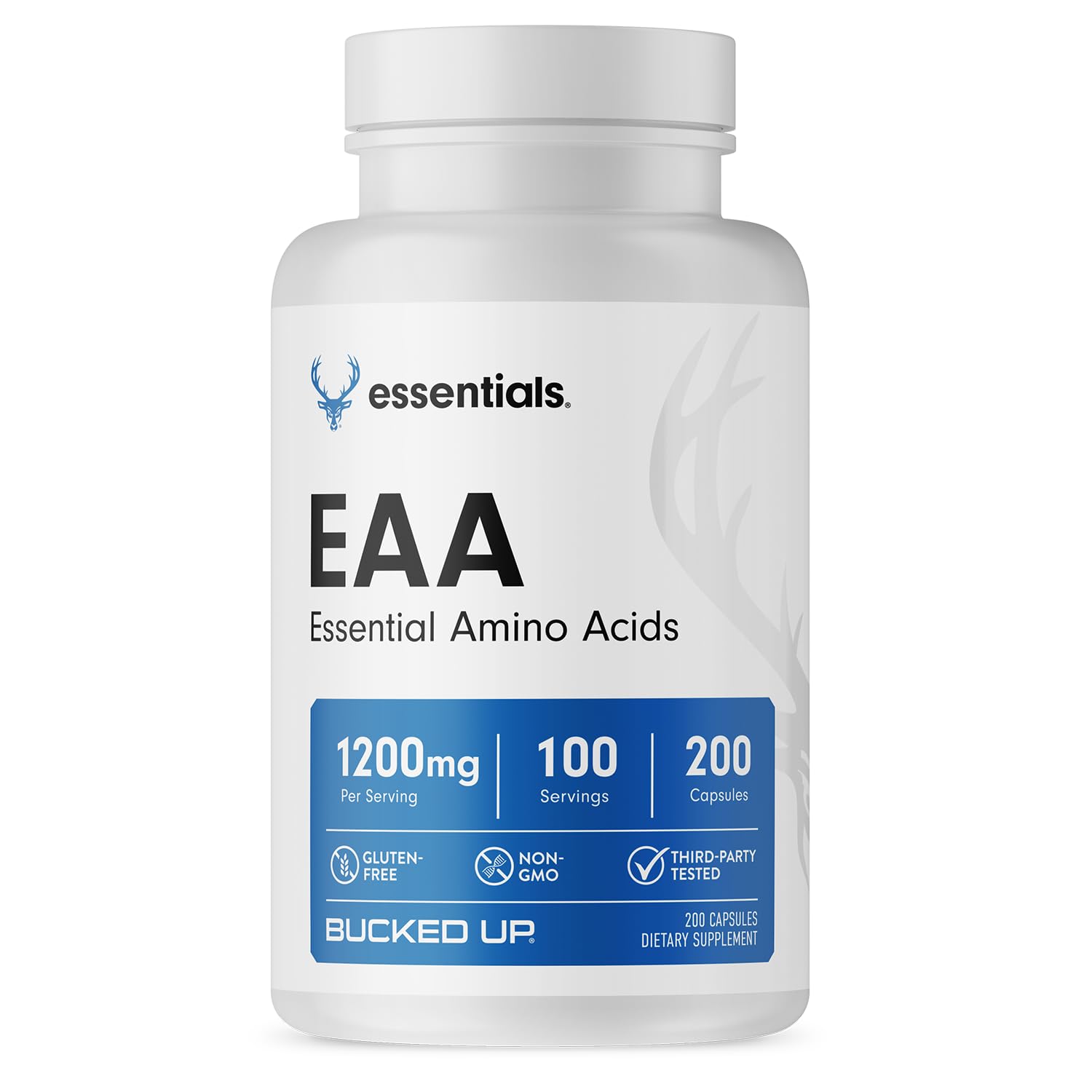 Bucked Up Essentials EAA capsules bottle front view for on-the-go amino acid support