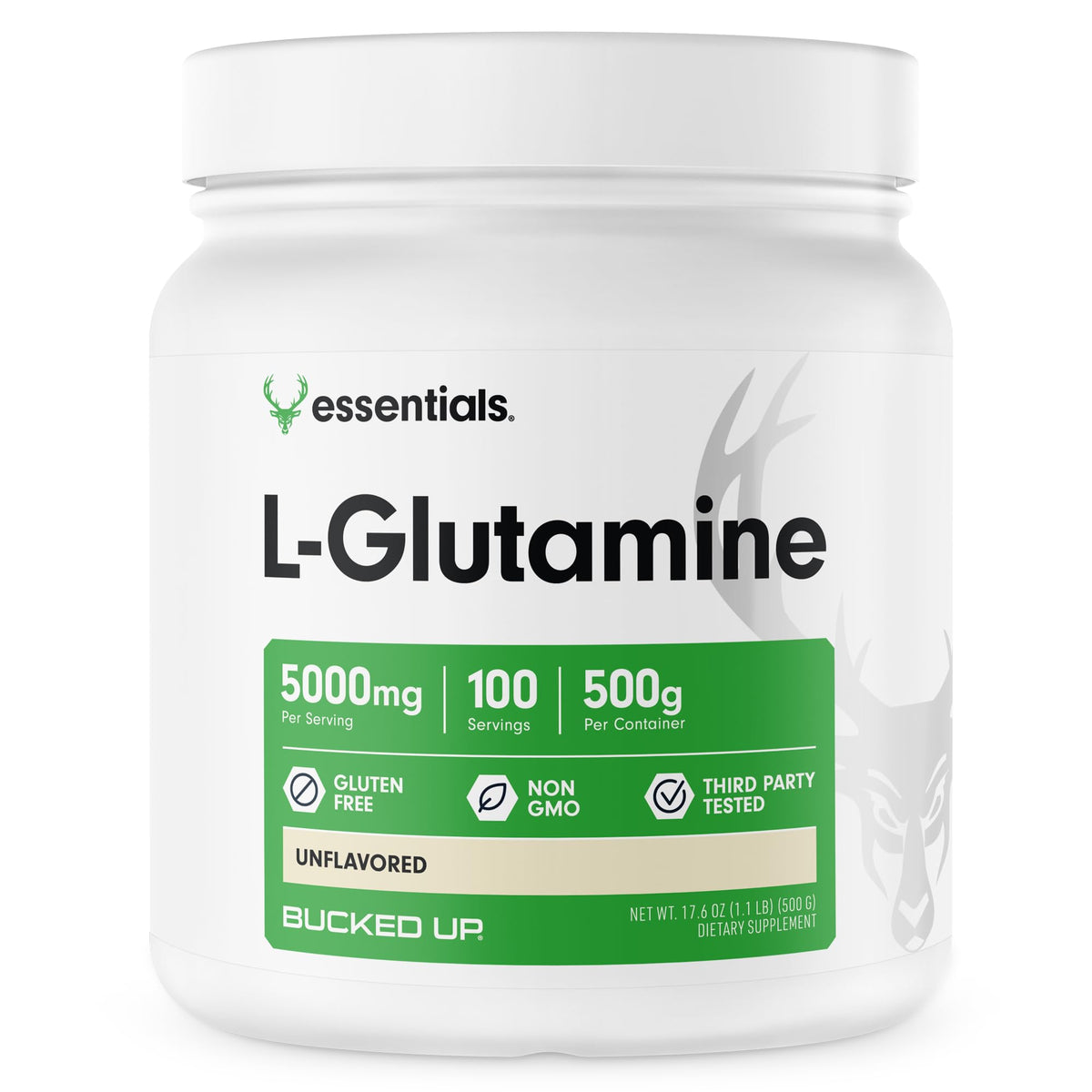 Bucked Up L-Glutamine 500g container ready for daily mixing.