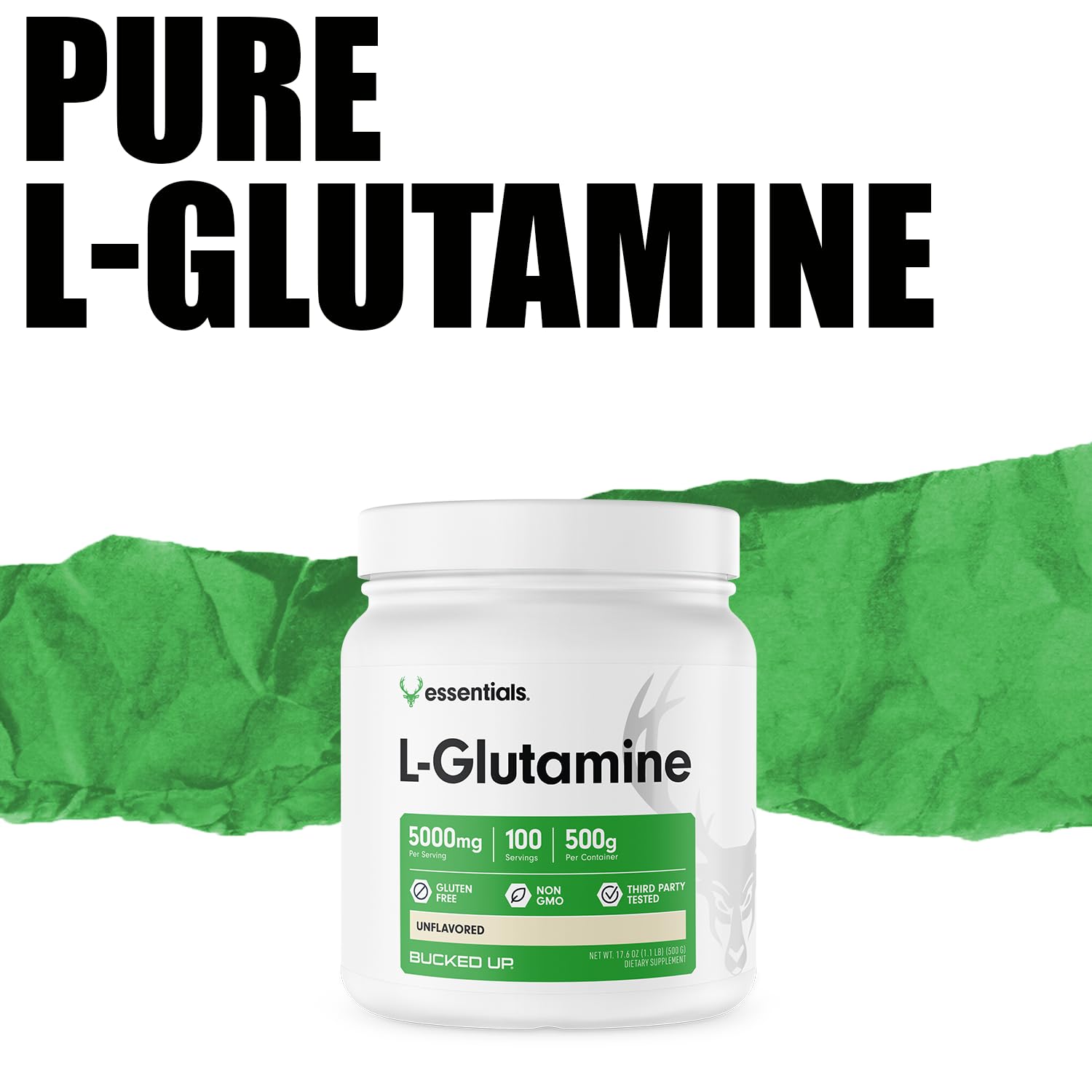 Bucked Up L-Glutamine gluten-free and non-GMO label signaling quality.