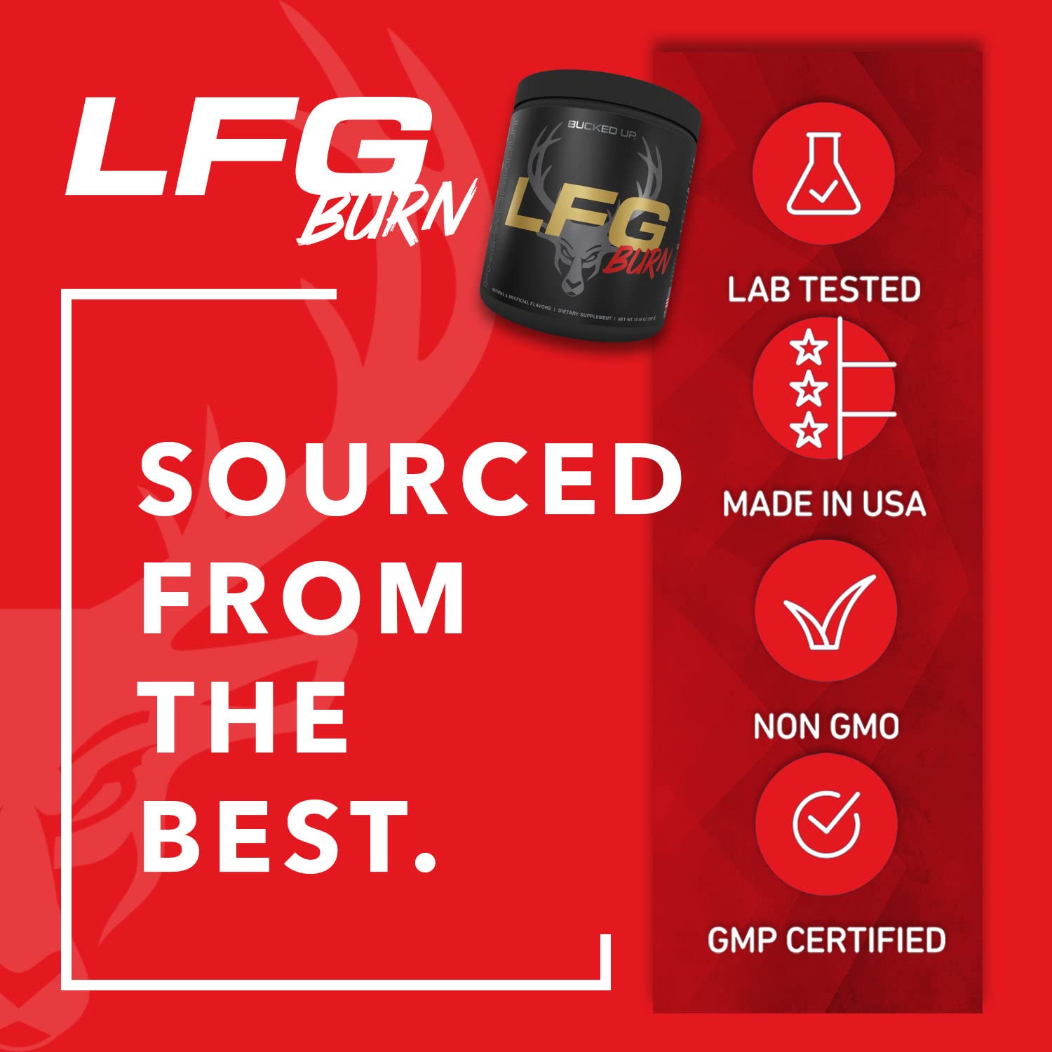 Close-up Bucked Up LFG berry label emphasizing quality ingredients.