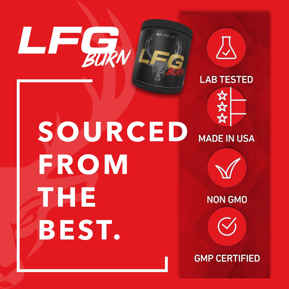 Close-up Bucked Up LFG berry label emphasizing quality ingredients.