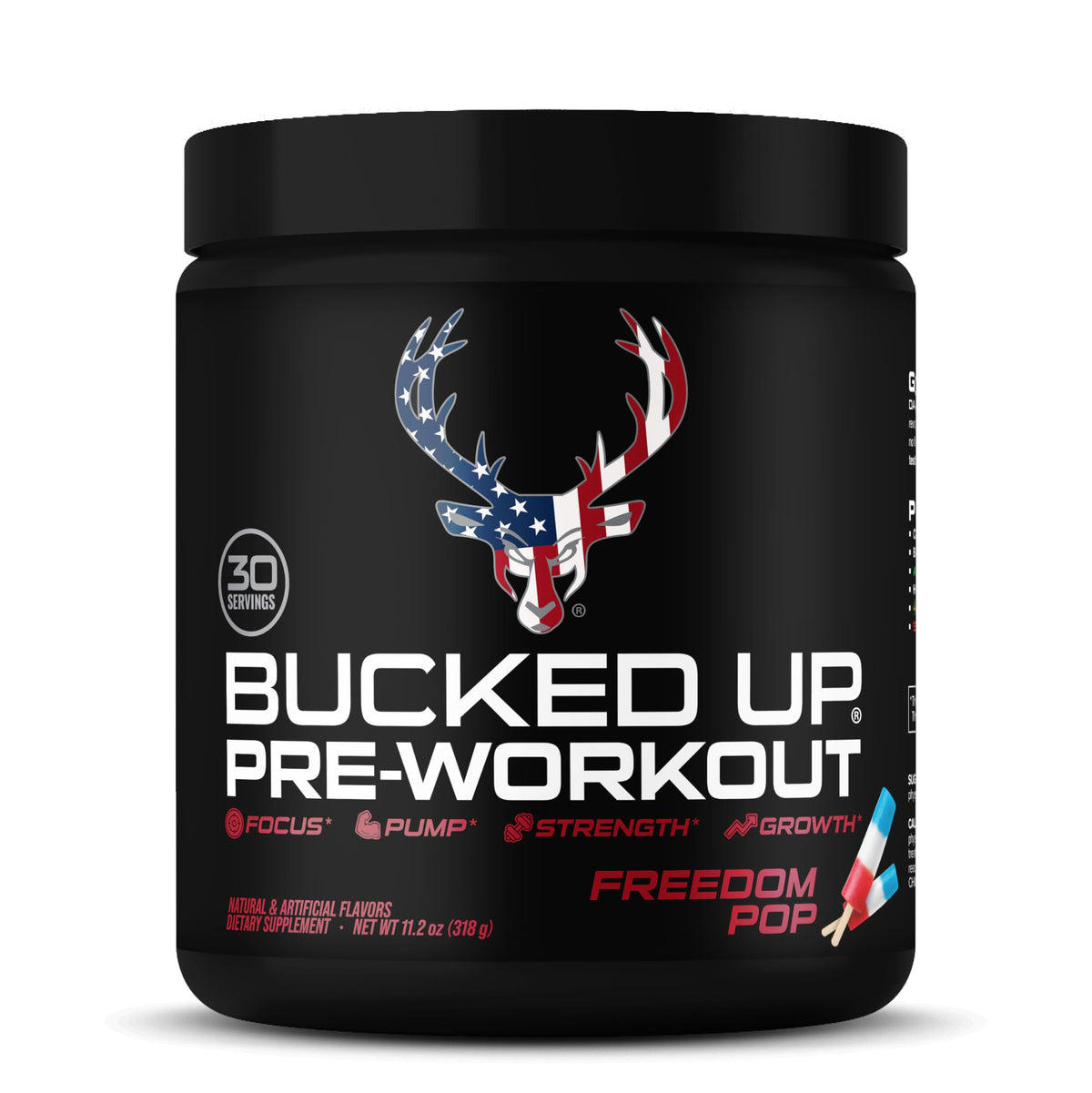 Bucked Up preworkout bottle pour highlights vibrant flavor and clean label for energized training sessions.