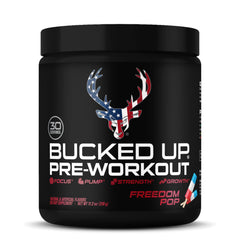 Bucked Up preworkout bottle pour highlights vibrant flavor and clean label for energized training sessions.