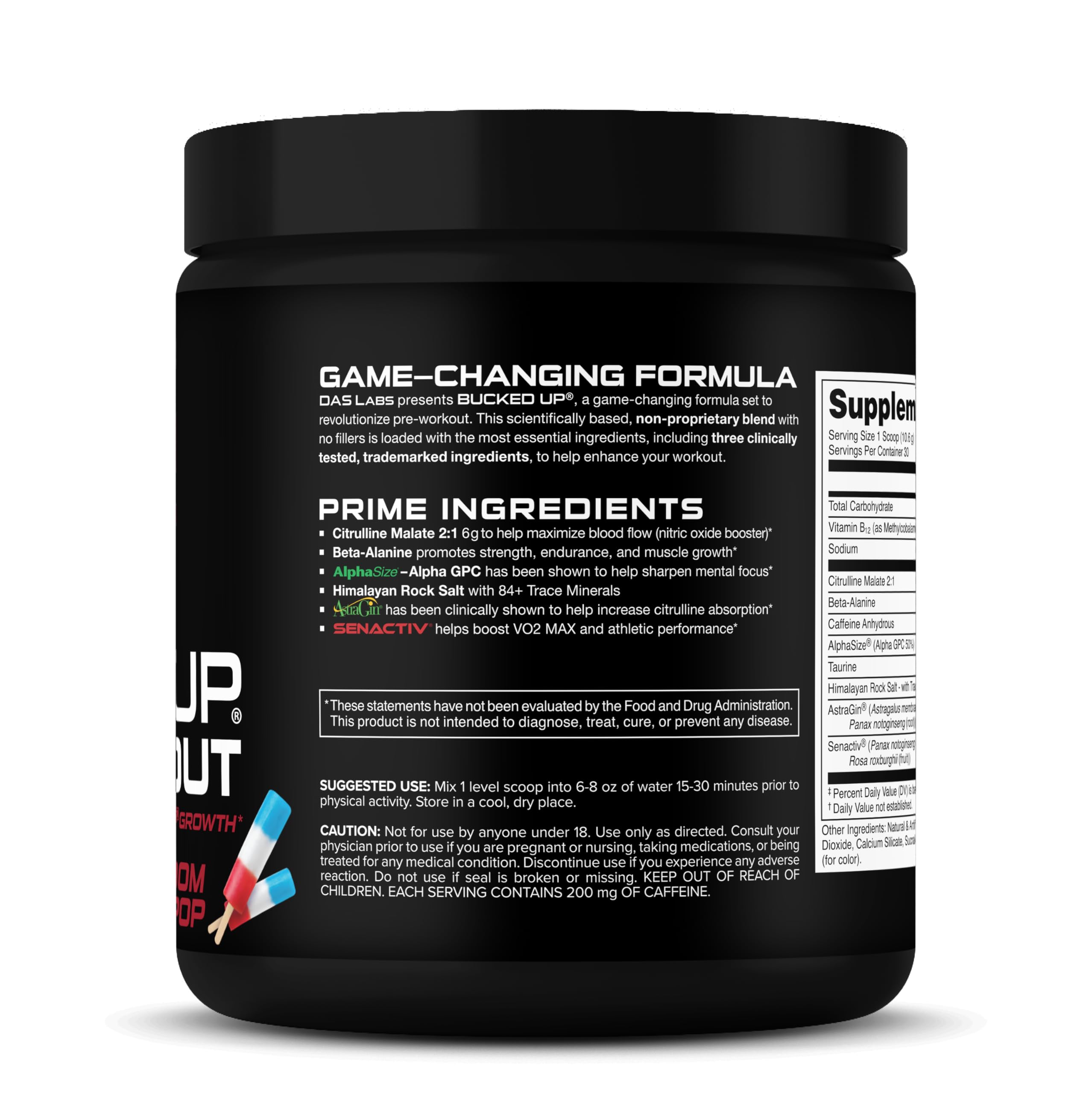 Bucked Up preworkout jar-front shot shows dosage information and clean design.