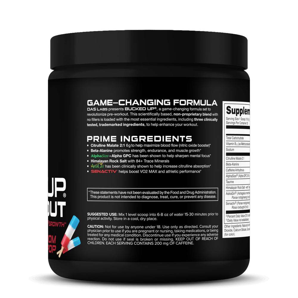 Bucked Up preworkout jar-front shot shows dosage information and clean design.