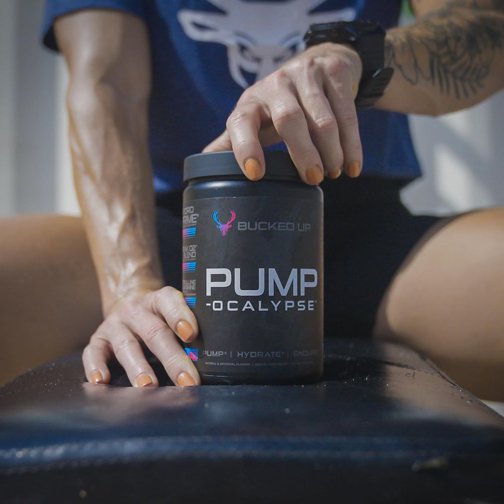 Bucked Up Pump-ocalypse bottle-front showcasing brand reliability and product design.
