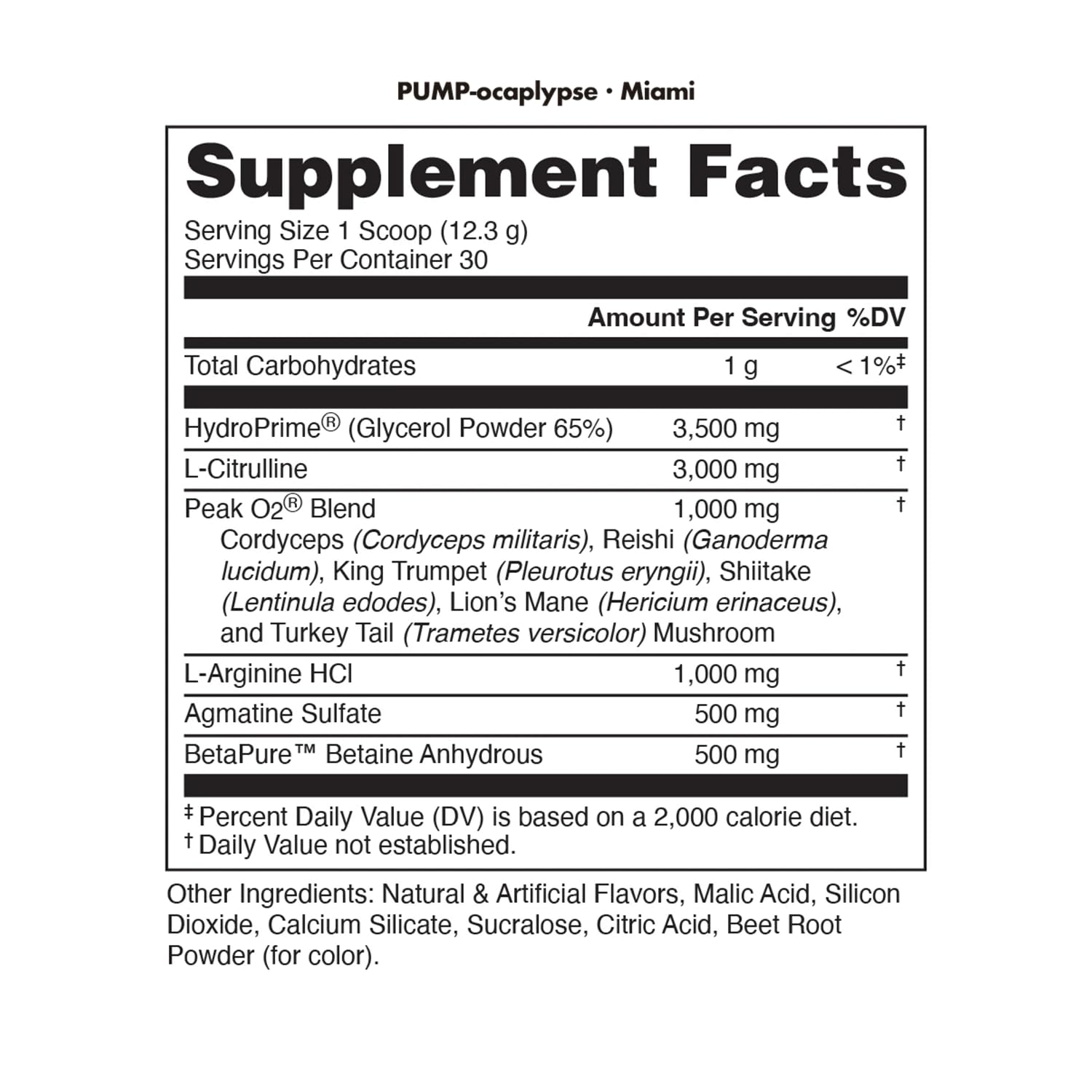 Bucked Up Pump-ocalypse label close-up highlighting nitric oxide boosters and hydration benefits.