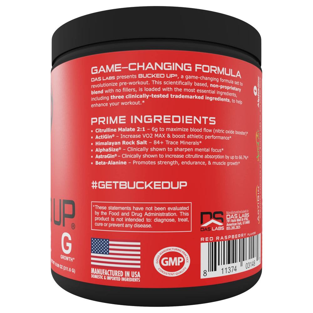 Bucked Up Red Raz ingredients icons emphasize Citrulline and caffeine for blood flow and alertness.