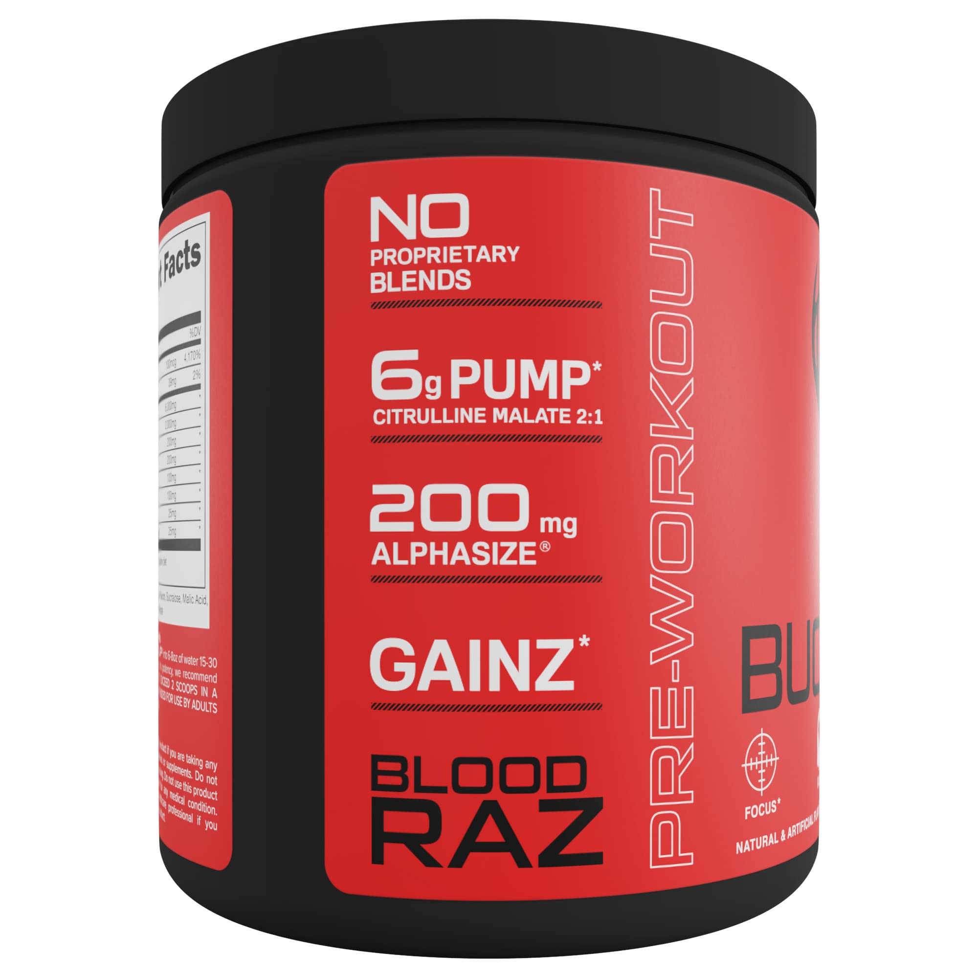 Bucked Up Red Raz powder pour suggests fast-acting energy during workouts.