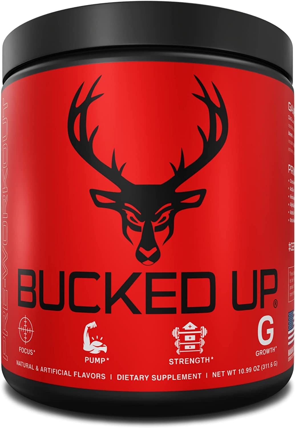 Bucked Up Red Raz tub front showcasing premium pre-workout formula for energy.