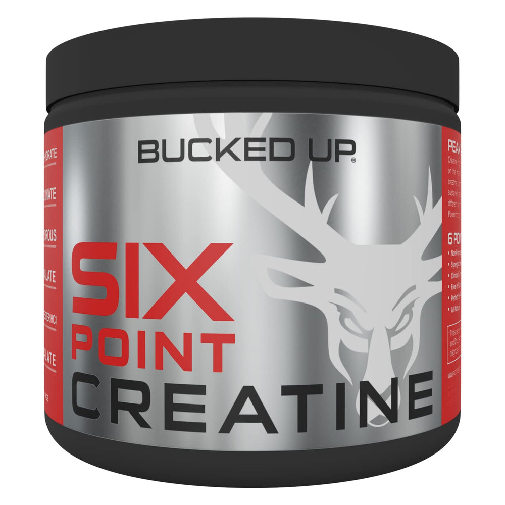 Bucked Up Six Point Creatine bottle front for workouts