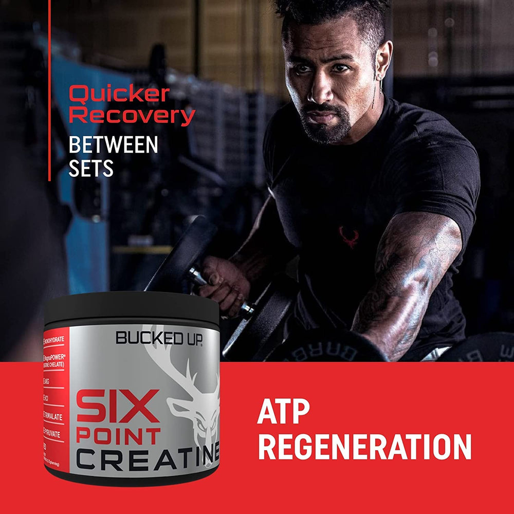 Bucked Up Six Point Creatine mixing into liquid for pre or post workouts