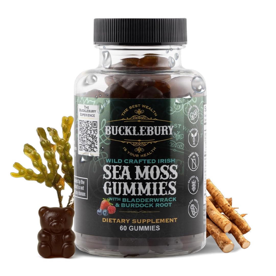 Bucklebury Wildcrafted Irish Sea Moss Gummies bottle with berry-flavored vegan daily nutrition