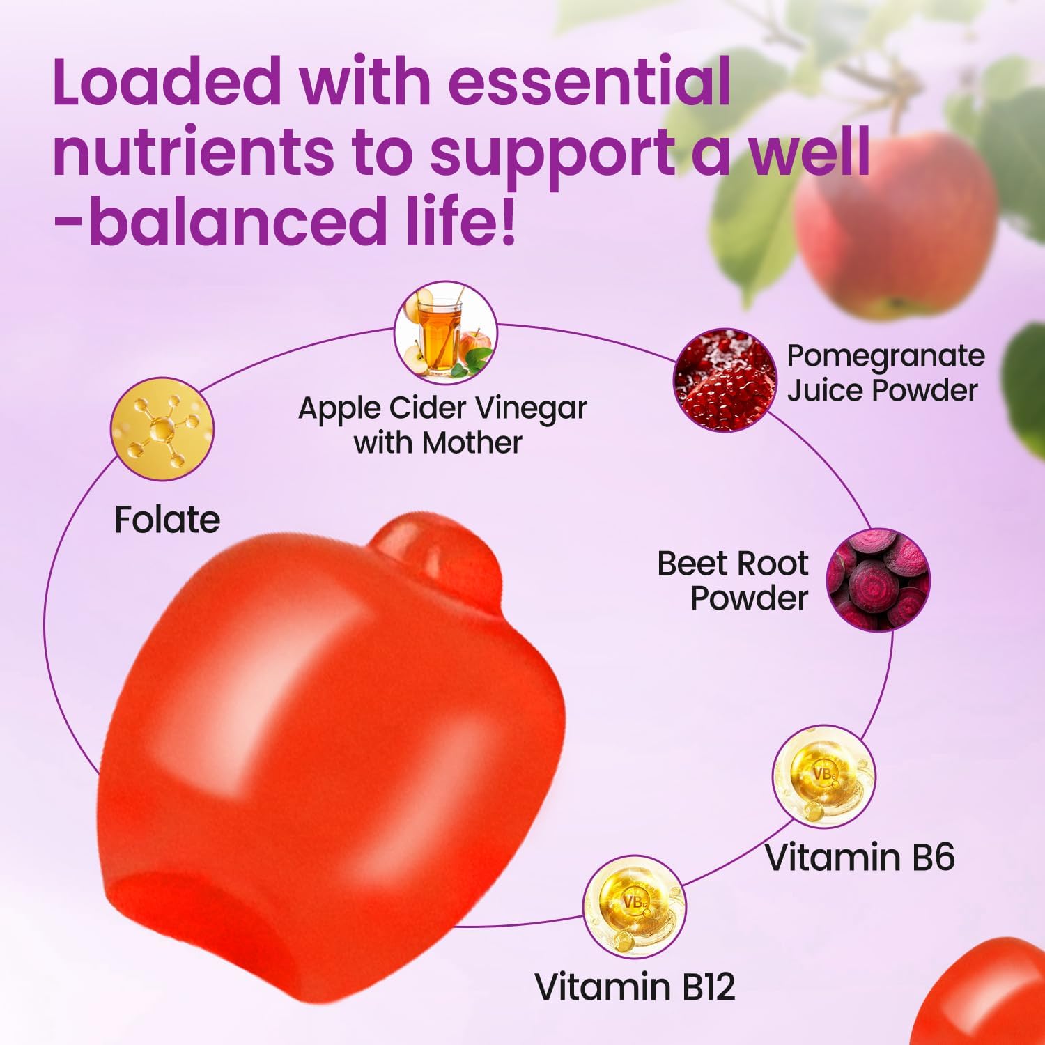 bucolicoBuy gummies serving close-up highlighting beet root and pomegranate flavors.