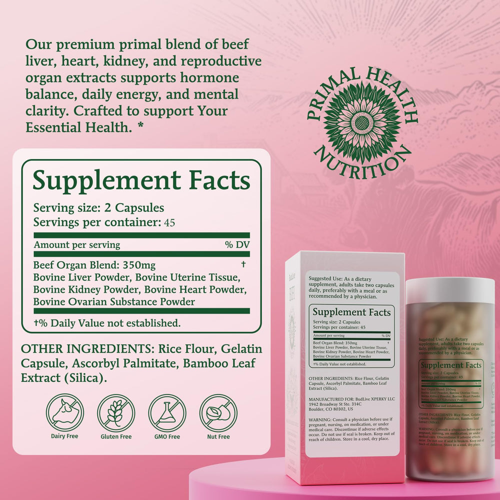 BudLive Beef Organ 90-capsules packaging; clearly labeled and convenient.