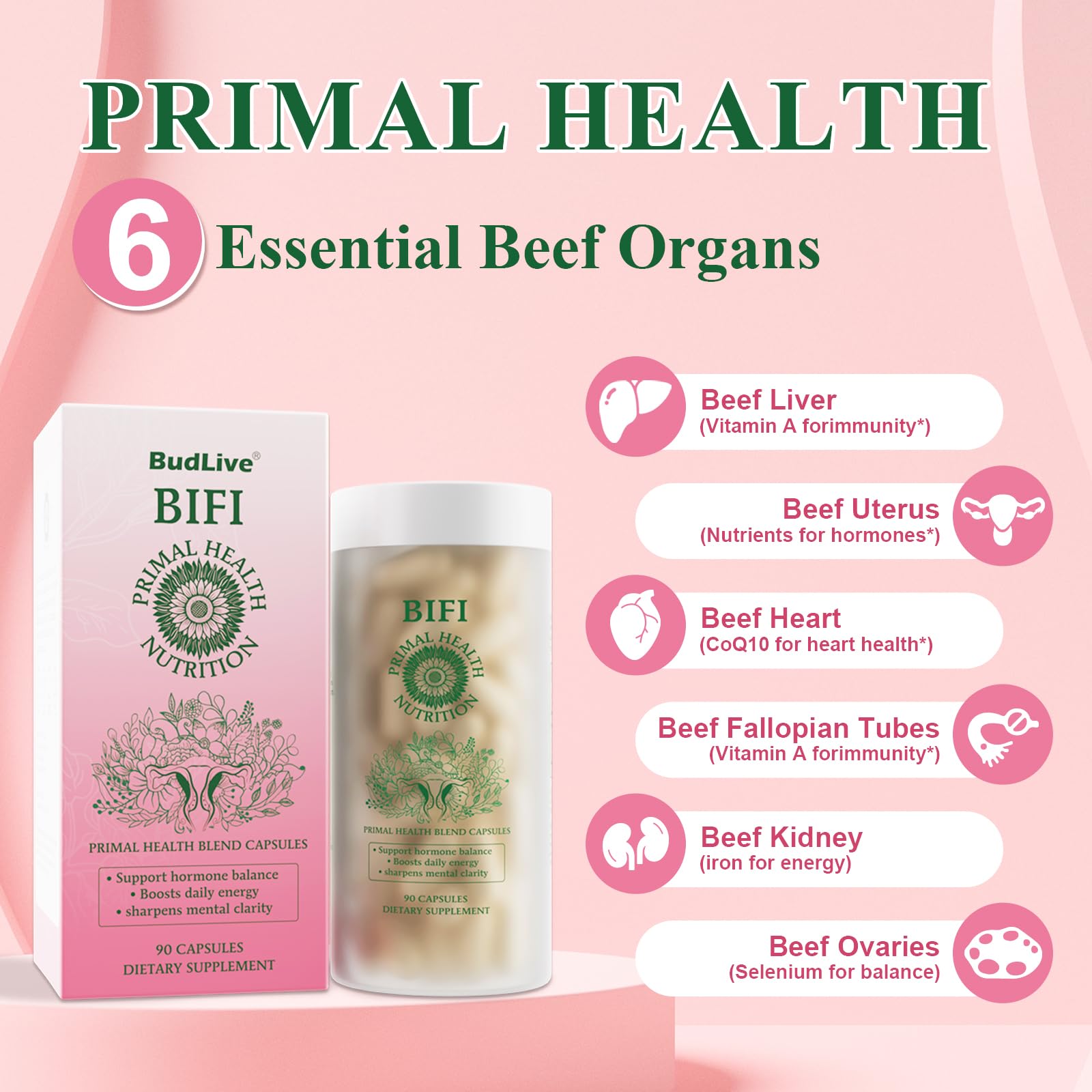 BudLive Beef Organ Kidney capsules; supports energy and focus.