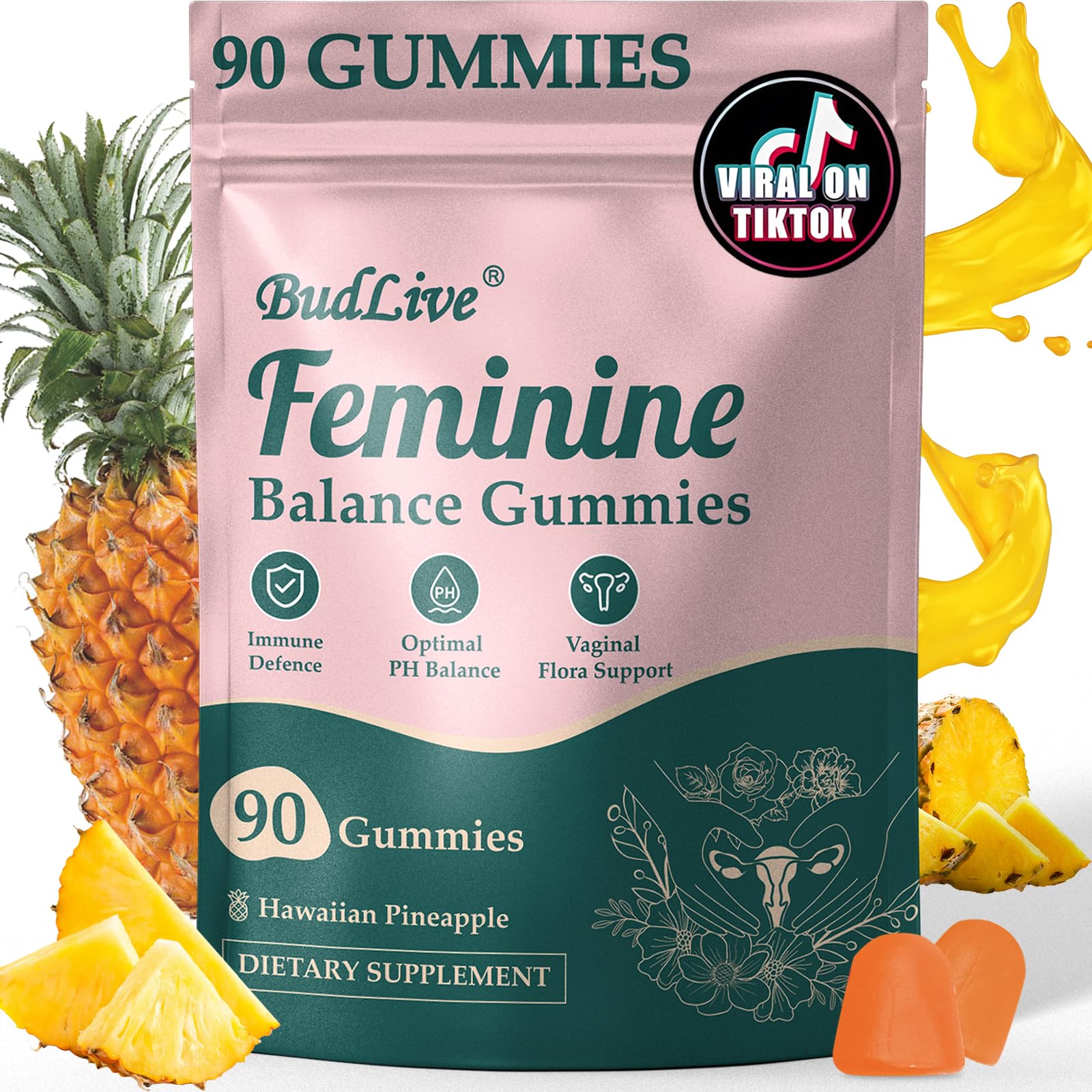 BudLive Feminine Balance Gummies bottle with pineapple flavor supports vaginal health and pH balance.