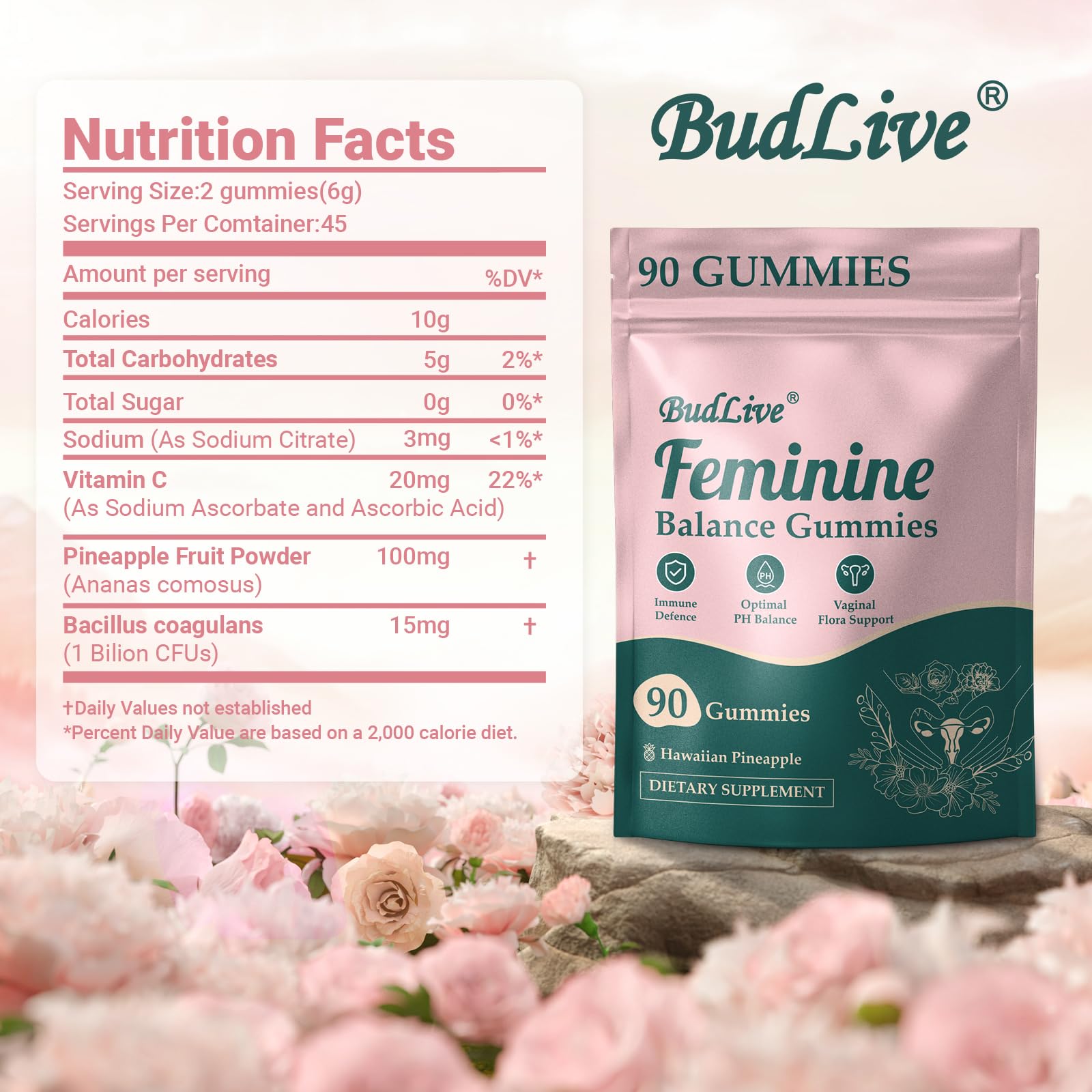 Transparent packaging of BudLive Feminine Balance Gummies emphasizing quality.