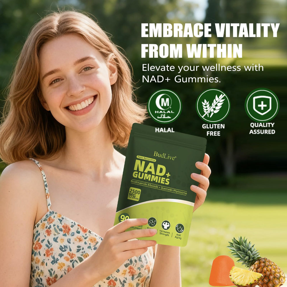 BudLive liposomal NAD delivery visual implies enhanced absorption benefits.