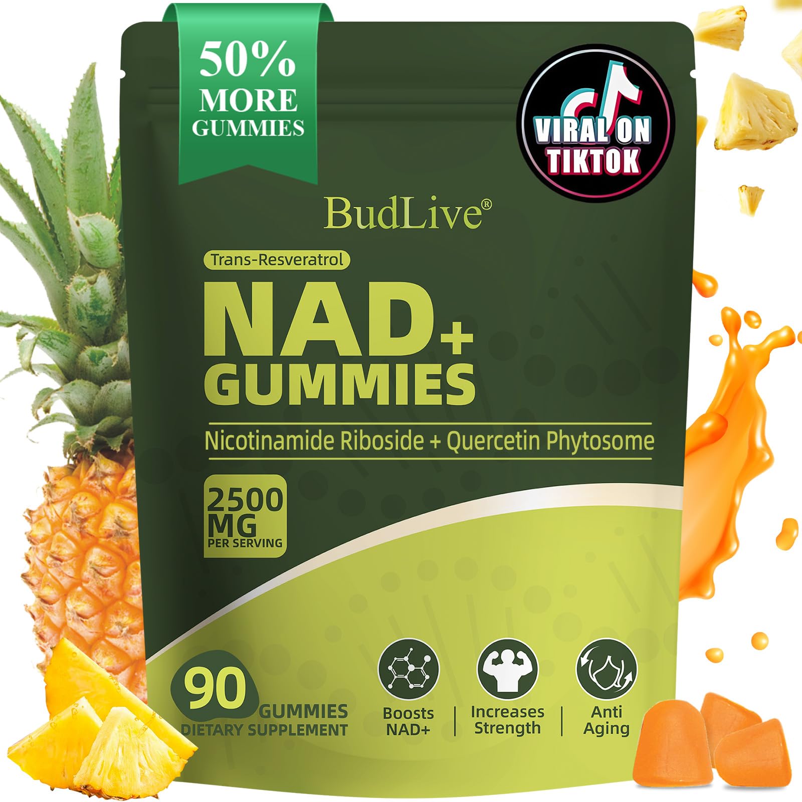 BudLive NAD+ Gummies bottle front highlighting pineapple flavor and daily vitality.