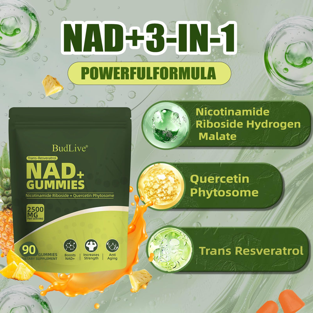 BudLive NAD+ Gummies pineapple flavor close up suggests tasty energy support.