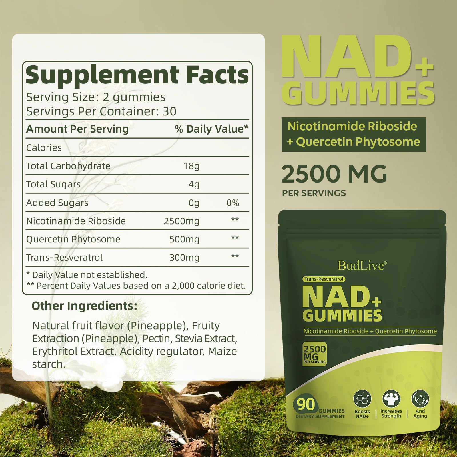 BudLive NAD+ Gummies serving dosage image shows easy two per day plan.