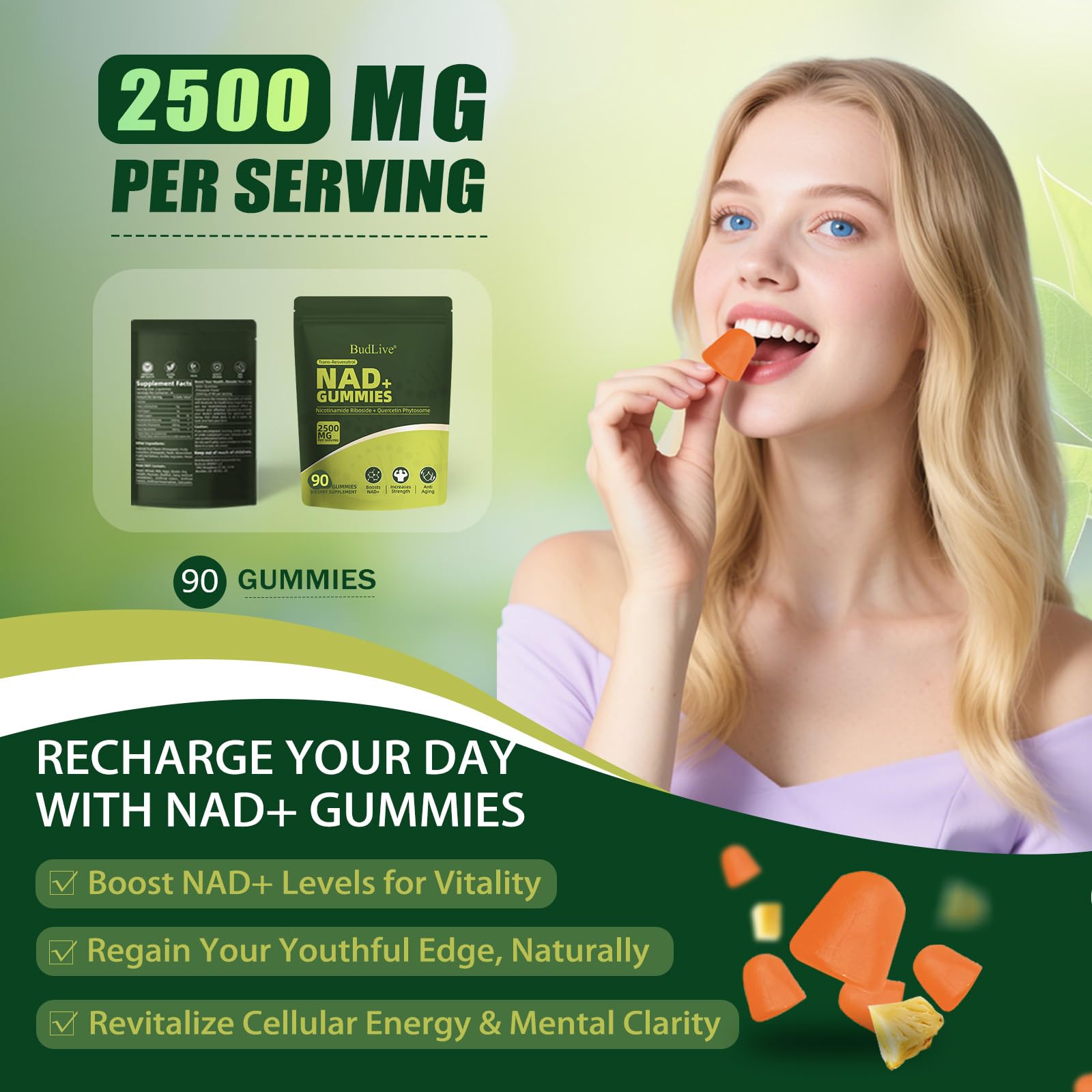 BudLive NAD+ Gummies texture close up highlights sugar free chewy consistency.