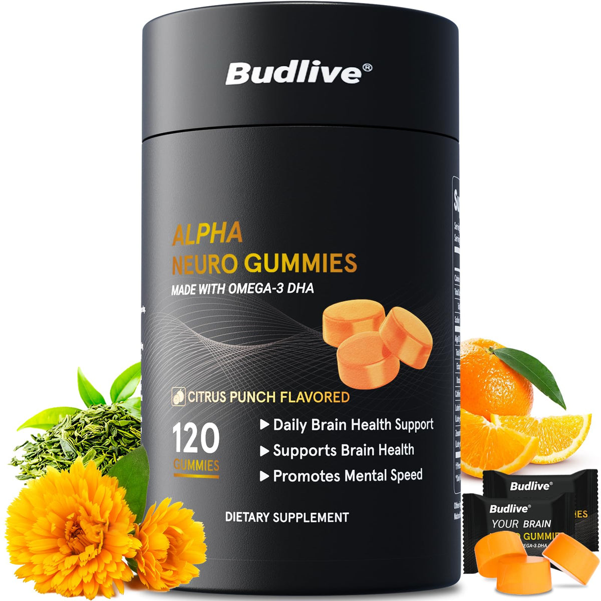 BudLive Neuro Focus bottle front with citrus gummies for daily focus.