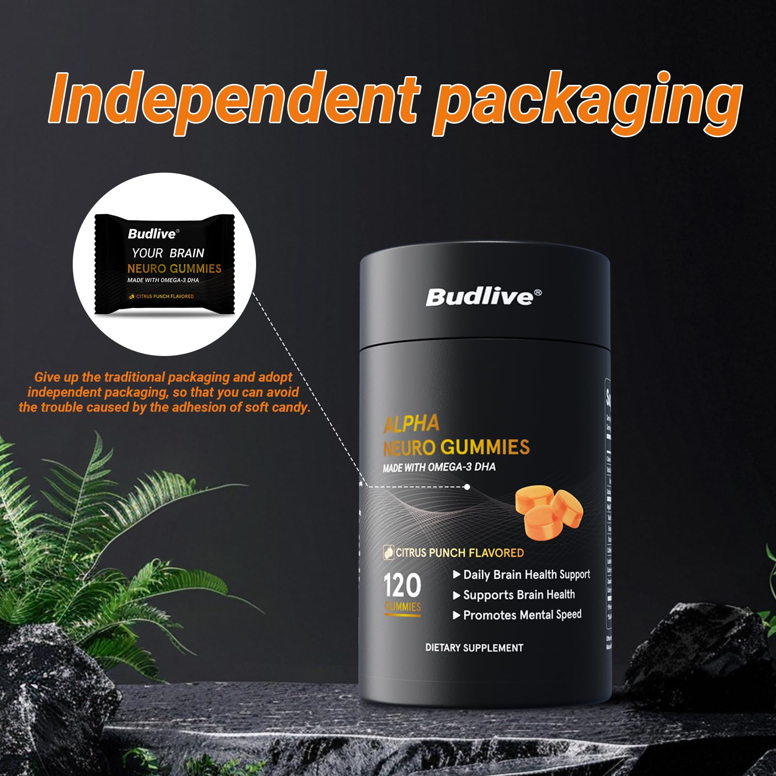 BudLive Neuro Focus package view with 120-count bottle for convenience.