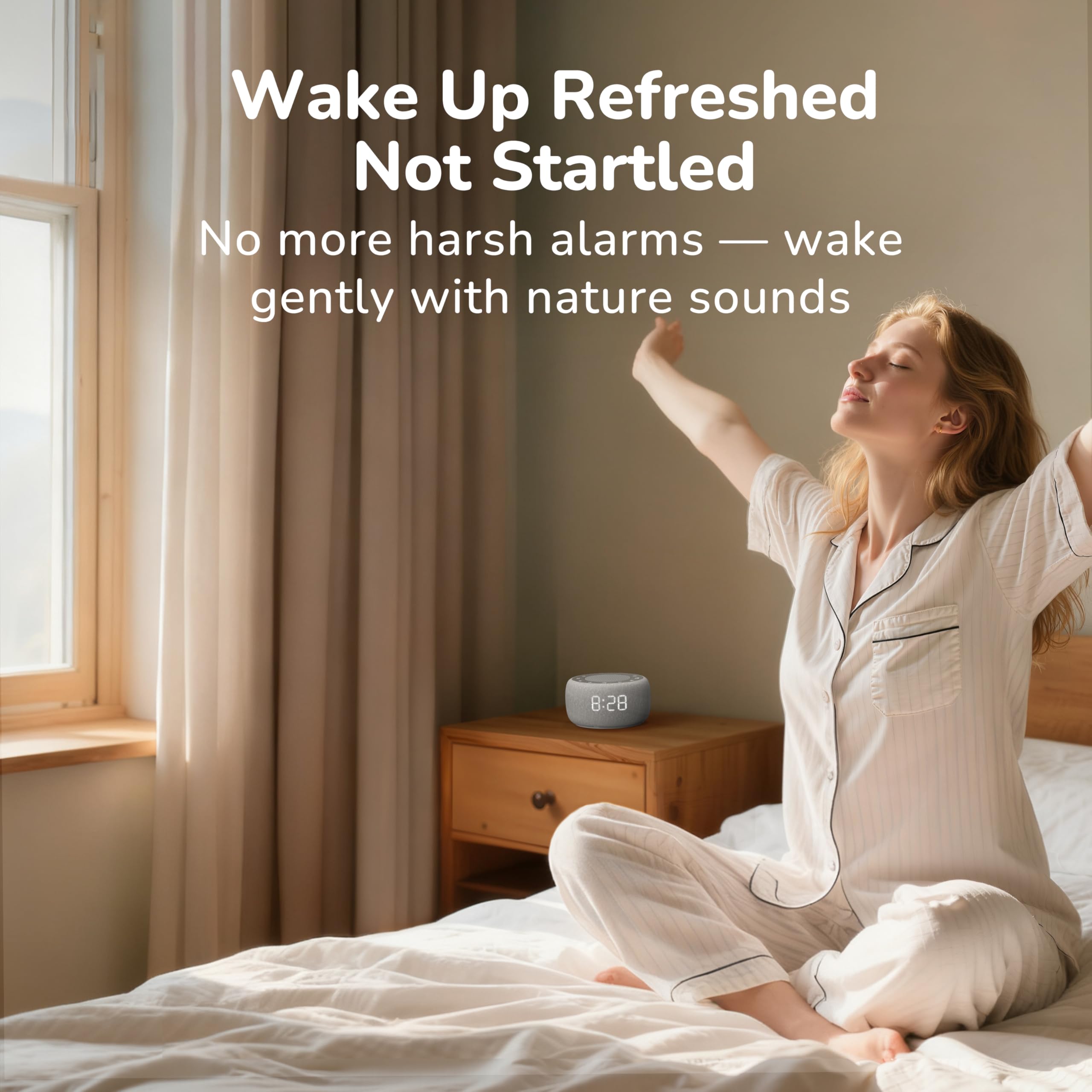 Buffbee alarm clock offering 18 calming sounds to block distractions
