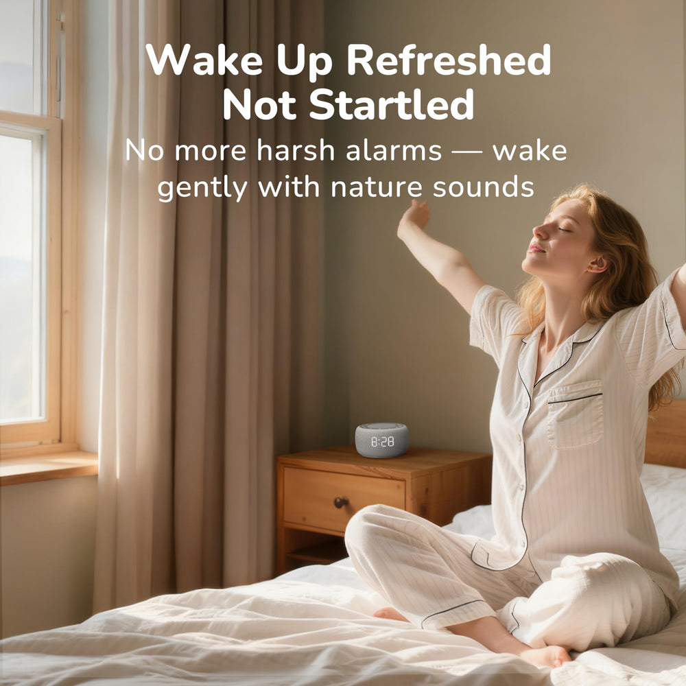 Buffbee alarm clock offering 18 calming sounds to block distractions