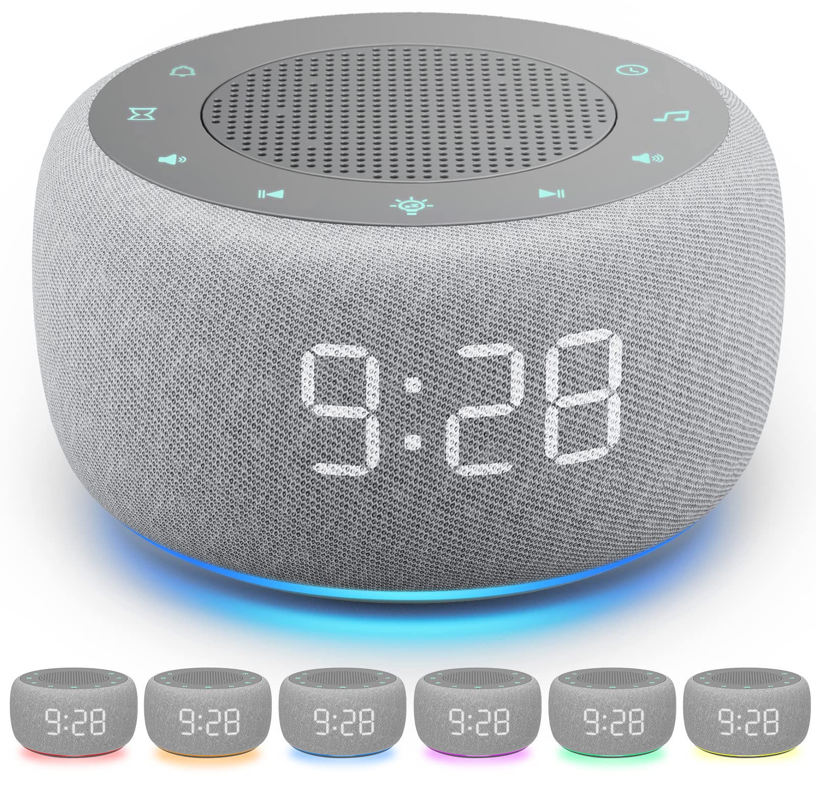 Buffbee alarm clock on a nightstand with a soft glow for gentle winding down