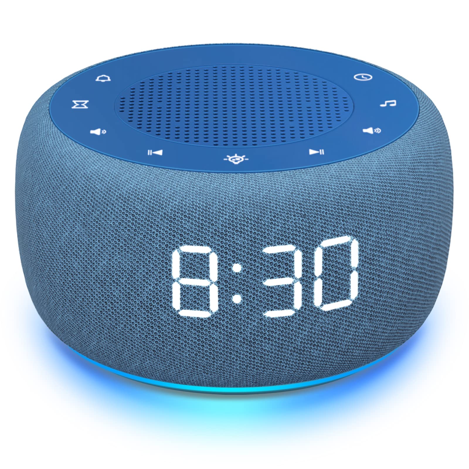 BUFFBEE sound machine and alarm clock front view for a calmer bedroom setup.