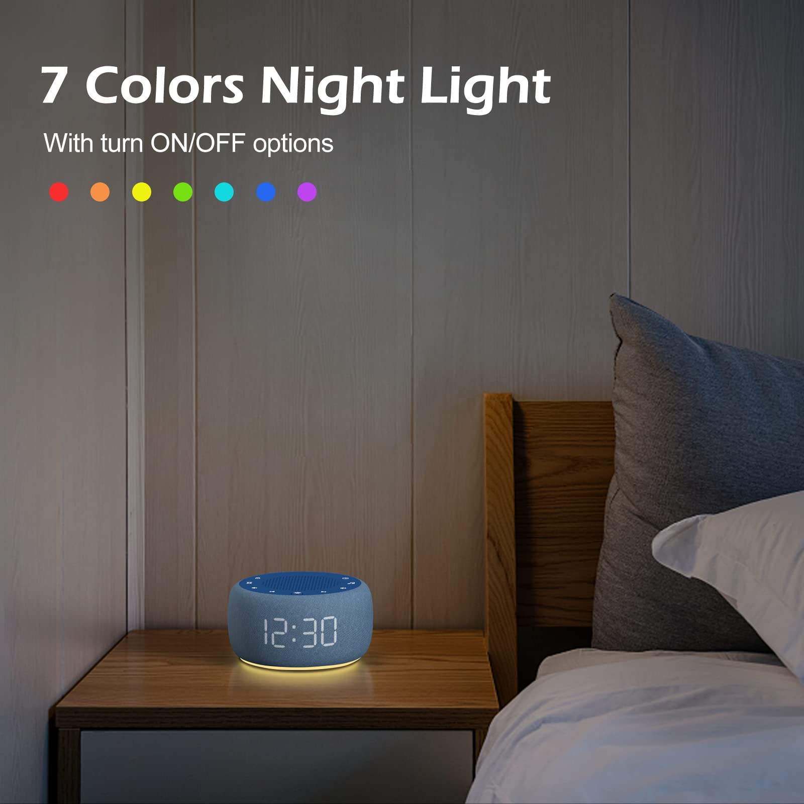 BUFFBEE nightstand setup with clock and ambient light for waking routines.