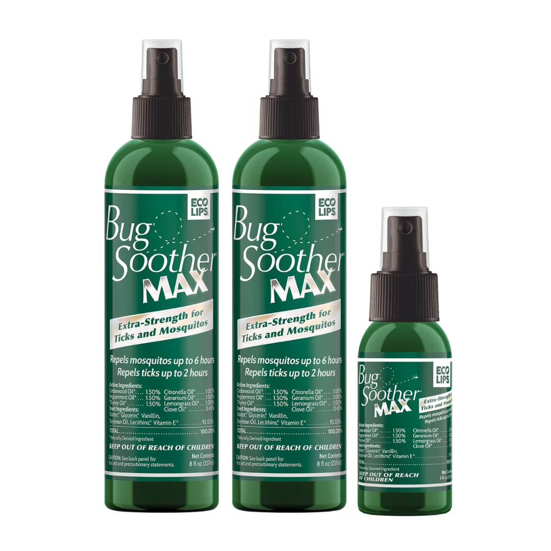 Bug Soother MAX mosquito spray bottle provides outdoor protection.