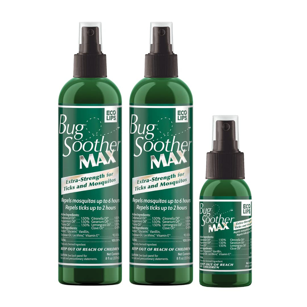 Bug Soother MAX mosquito spray bottle provides outdoor protection.